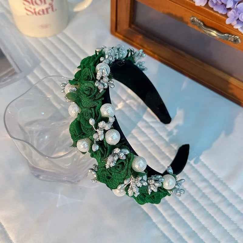 Baroque Pearl Rose Headband Luxury Fabric Flower Hair Band Wedding Party Accessory - Image 4